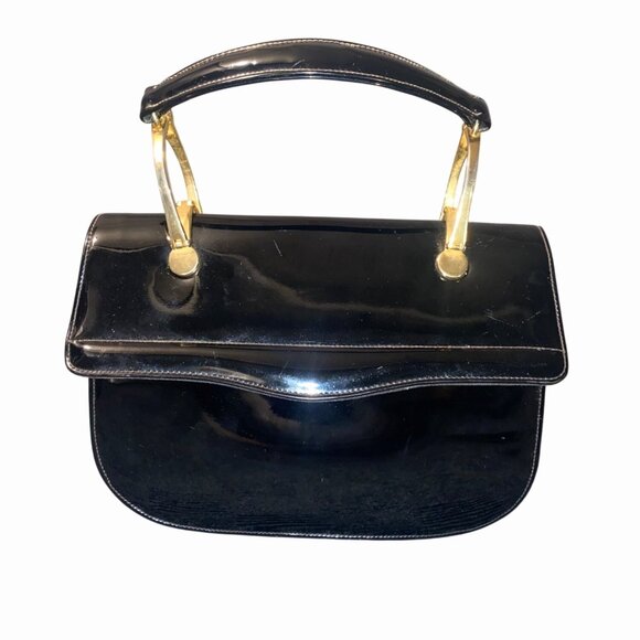 Vintage Black Patent Leather Handbag  Gold Tone Handle Hardware Classic USA - Picture 3 of 16